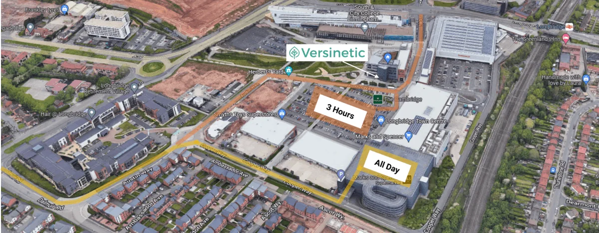 Map showing car parking access to Park Point via Cooper Way, with the M&S Longbridge multi storey car park and the surface car park marked