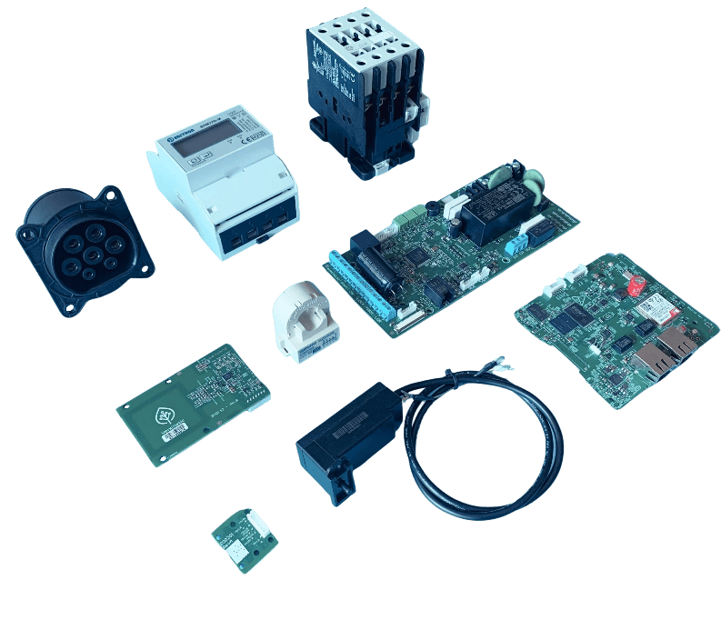The components of the EV charger development kit laid out - Type 2 socket, three-phase MID meter, 4-pole contactor, MantaRay and EEL controller boards, RFID reader board, RDC-DD leakage sensor, RGB status LED board and cabling