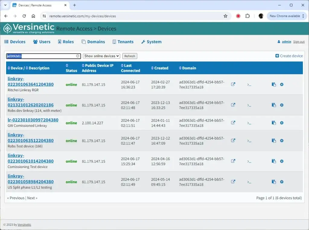 LinkRay remote access platform devices screen listing deployed LinkRay units with their online status, public IP addresses and last connection times