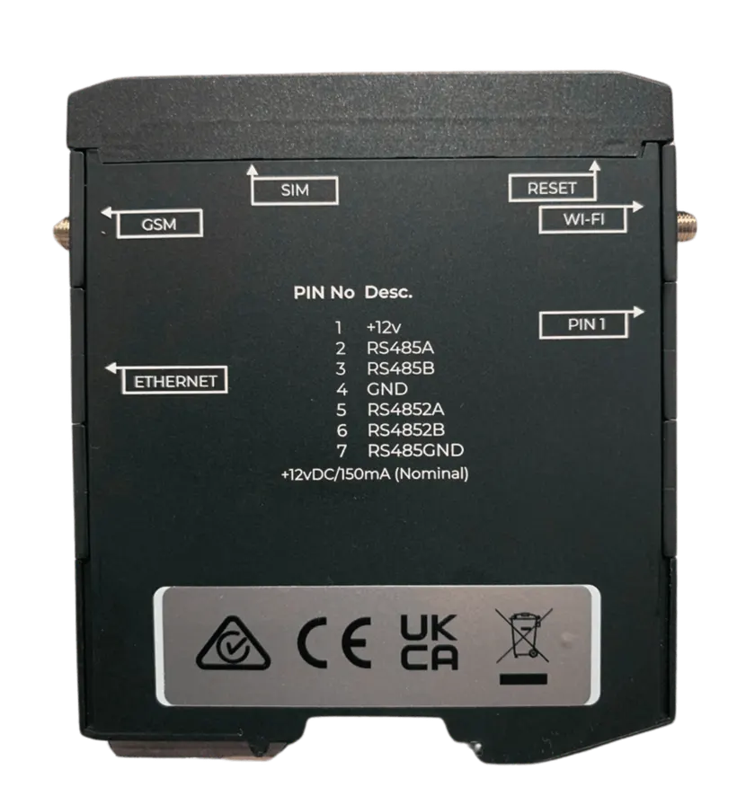 Rear connection panel of the SiteManager unit showing GSM and Wi-Fi antenna points, SIM slot, reset, Ethernet, and the seven-pin terminal pinout with RS485 interfaces and 12 V DC supply, with CE and UKCA markings