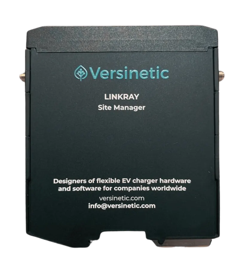 Front of the Versinetic SiteManager unit - a compact dark enclosure with LinkRay Site Manager branding and antenna connectors on either side